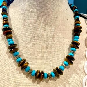 Stunning Tigers Eye, Turquoise and Sterling Silver Necklace | Statement Necklace